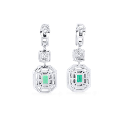 18K White & Rose Gold Statement Earrings With 1.68 TCW Green Emerald Shape Natural Emerald, GRS Certified