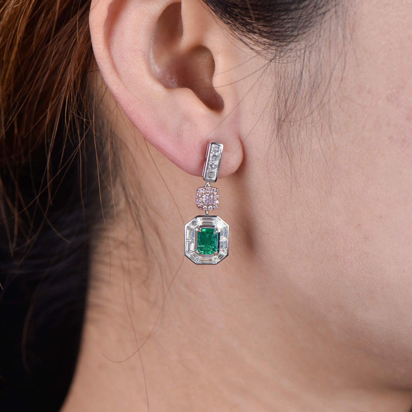 18K White & Rose Gold Statement Earrings With 1.68 TCW Green Emerald Shape Natural Emerald, GRS Certified