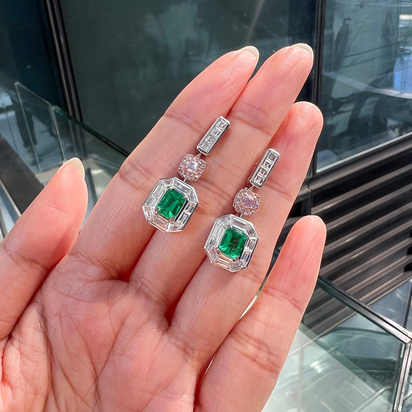 18K White & Rose Gold Statement Earrings With 1.68 TCW Green Emerald Shape Natural Emerald, GRS Certified