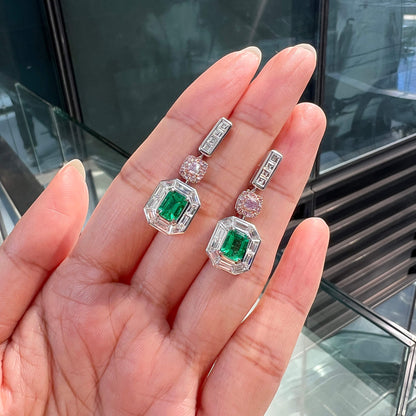 18K White & Rose Gold Statement Earrings With 1.68 TCW Green Emerald Shape Natural Emerald, GRS Certified