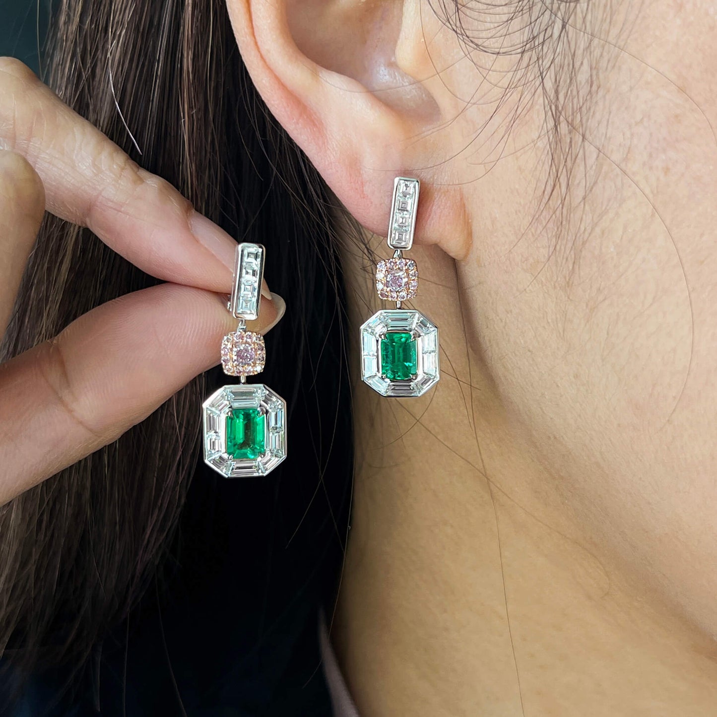 18K White & Rose Gold Statement Earrings With 1.68 TCW Green Emerald Shape Natural Emerald, GRS Certified