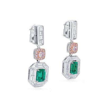 18K White & Rose Gold Statement Earrings With 1.68 TCW Green Emerald Shape Natural Emerald, GRS Certified