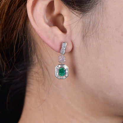 18K White & Rose Gold Statement Earrings With 1.68 TCW Green Emerald Shape Natural Emerald, GRS Certified