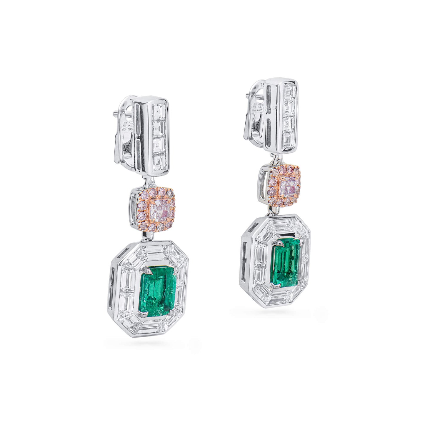 18K White & Rose Gold Statement Earrings With 1.68 TCW Green Emerald Shape Natural Emerald, GRS Certified