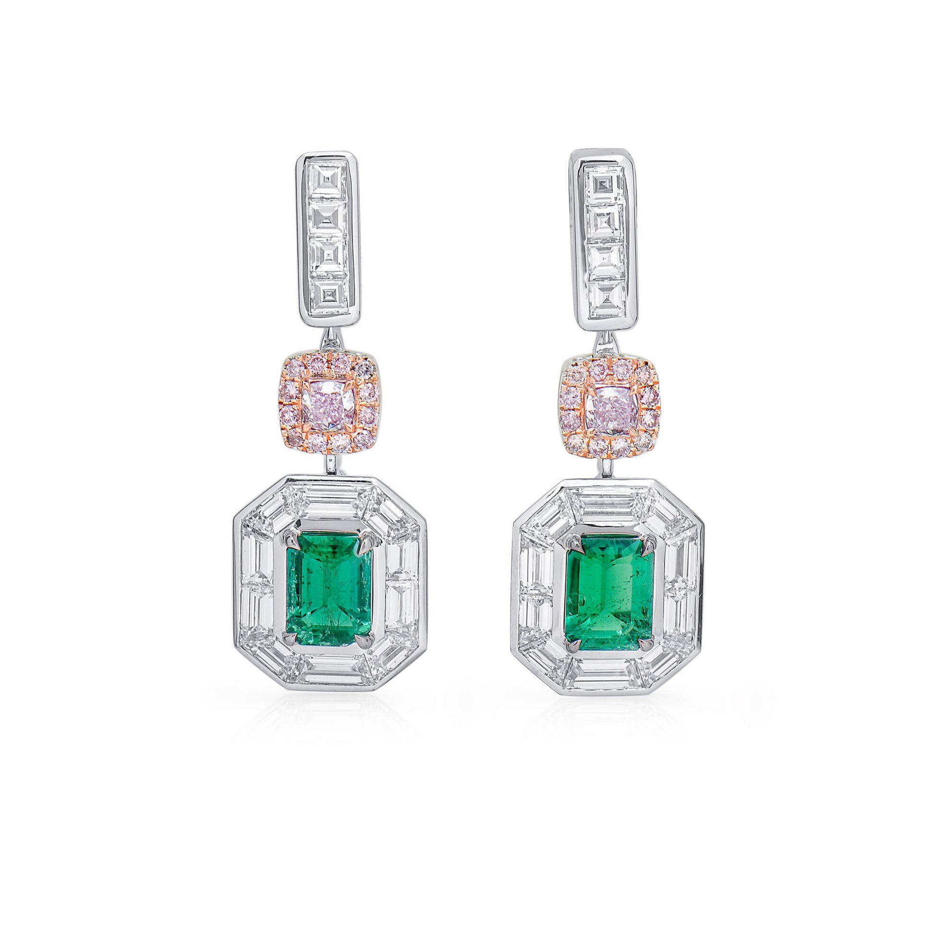 18K White & Rose Gold Statement Earrings With 1.68 TCW Green Emerald Shape Natural Emerald, GRS Certified