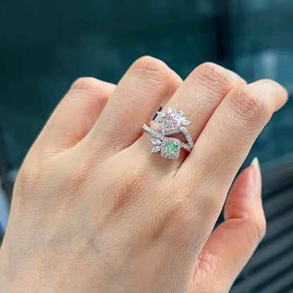 18K White Gold Statement Ring With 1.15 TCW Green Mix Shape Natural Diamond, GIA Certified