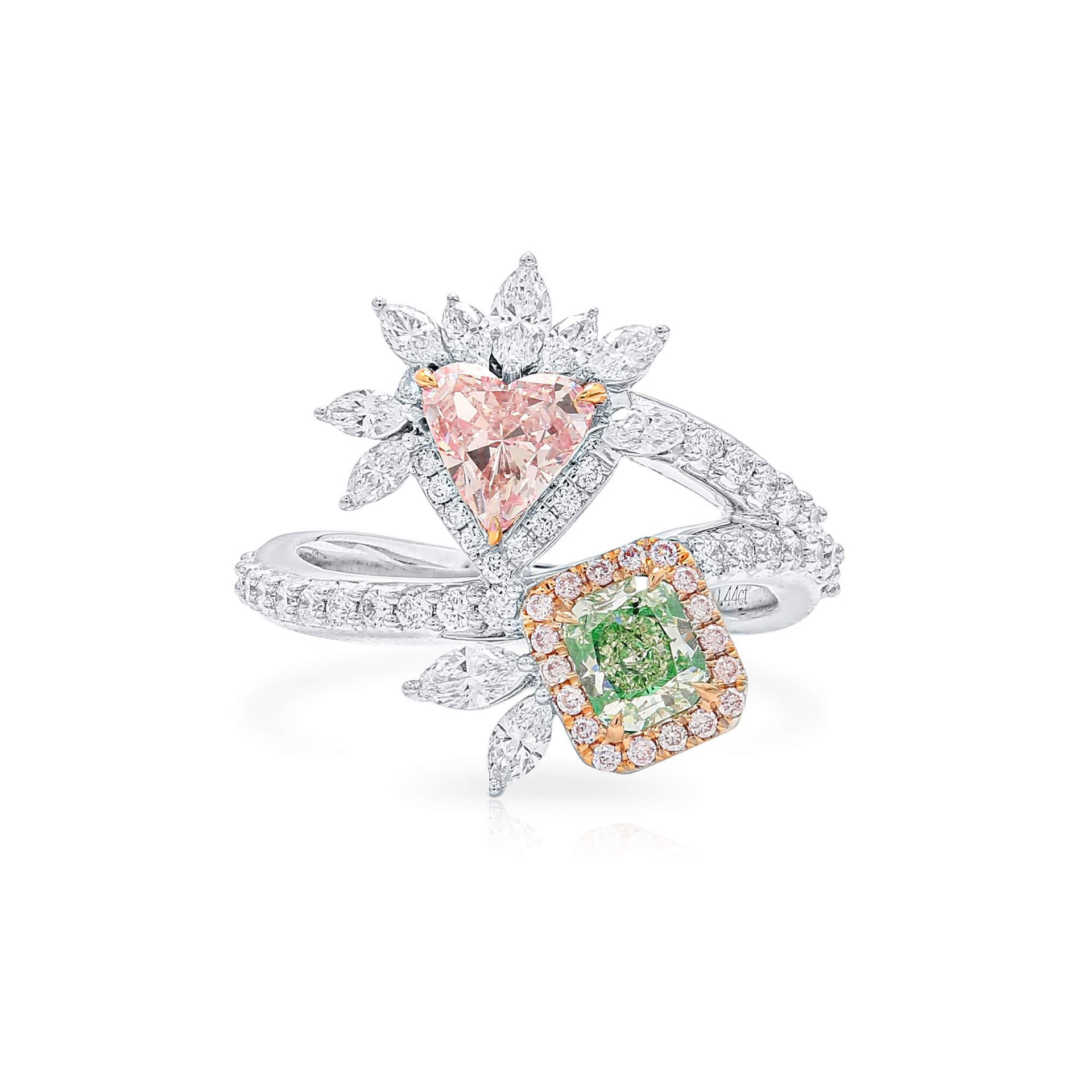 18K White Gold Statement Ring With 1.15 TCW Green Mix Shape Natural Diamond, GIA Certified
