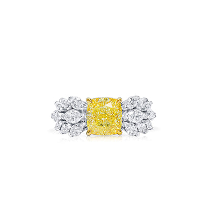 18K White Gold Statement Ring With 3.03 TCW Yellow Cushion Shape Natural Diamond, GIA Certified