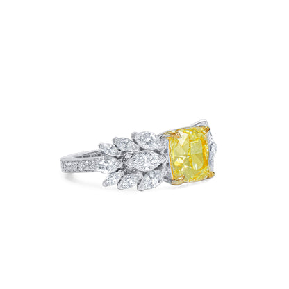18K White Gold Statement Ring With 3.03 TCW Yellow Cushion Shape Natural Diamond, GIA Certified