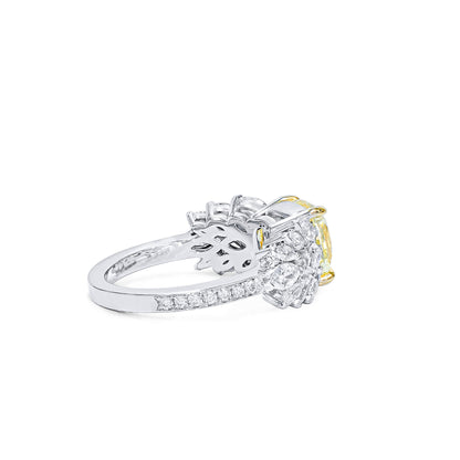 18K White Gold Statement Ring With 3.03 TCW Yellow Cushion Shape Natural Diamond, GIA Certified