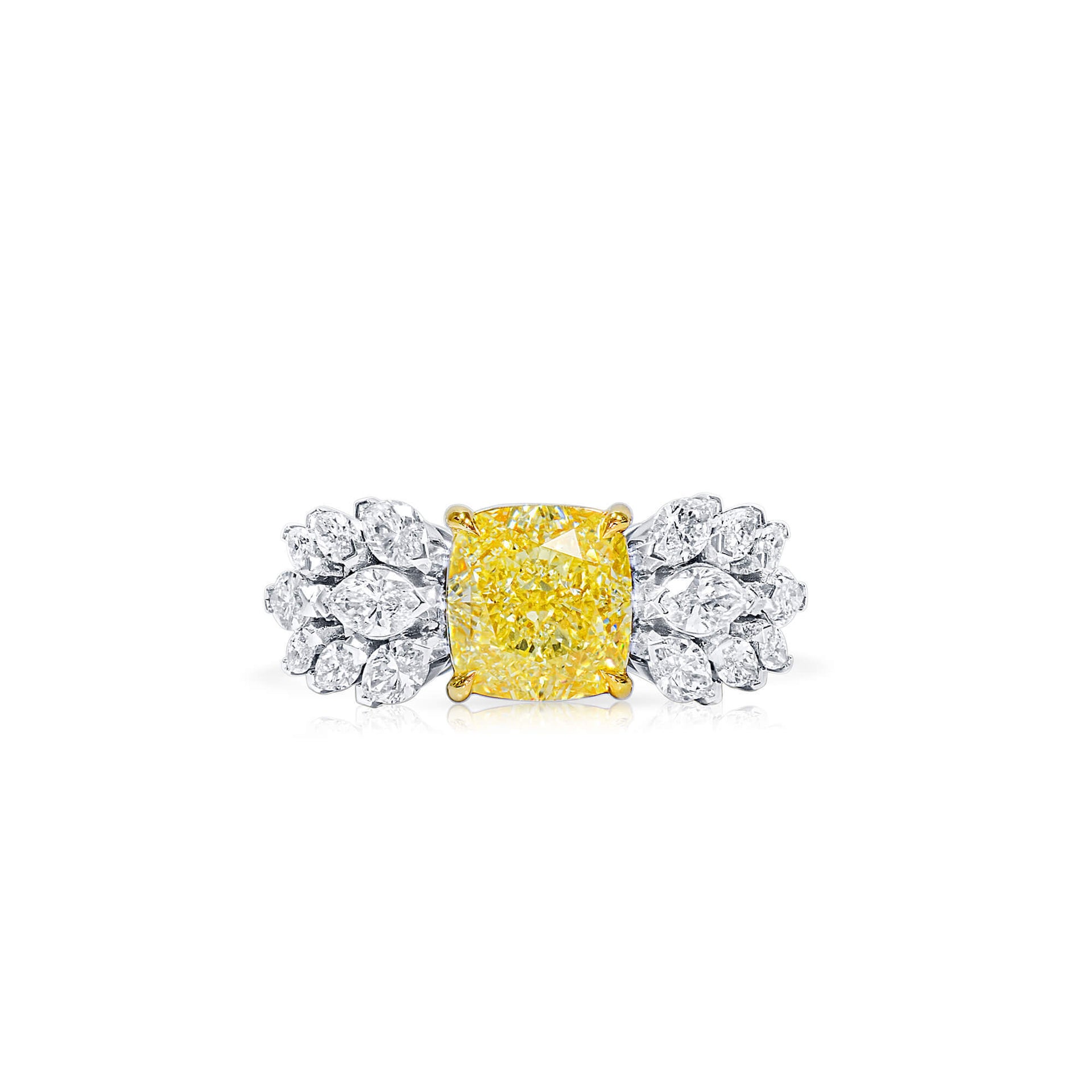 18K White Gold Statement Ring With 3.03 TCW Yellow Cushion Shape Natural Diamond, GIA Certified