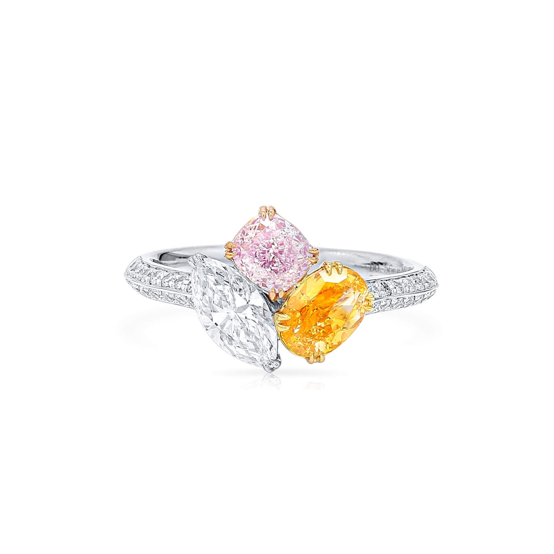 18K White Yellow & Rose Gold Statement Ring With 1.74 TCW Pink Mix Shape Natural Diamond, GIA Certified
