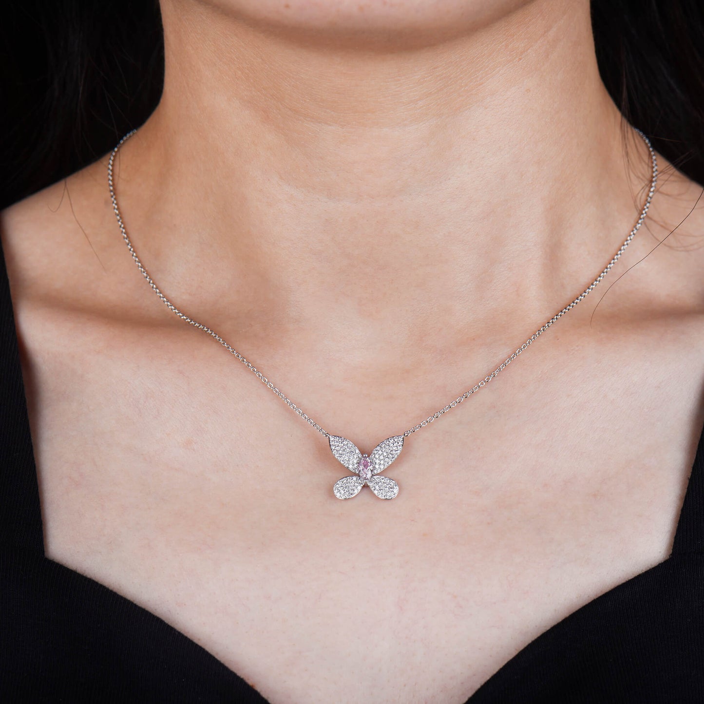 18K White & Rose Gold Statement Necklace With 0.25 TCW Pink Marquise Shape Natural Diamond, GIA Certified