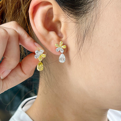 18K White & Yellow Gold Statement Earrings With 3.06 TCW Multicolor Pear Shape Natural Diamond, GIA Certified