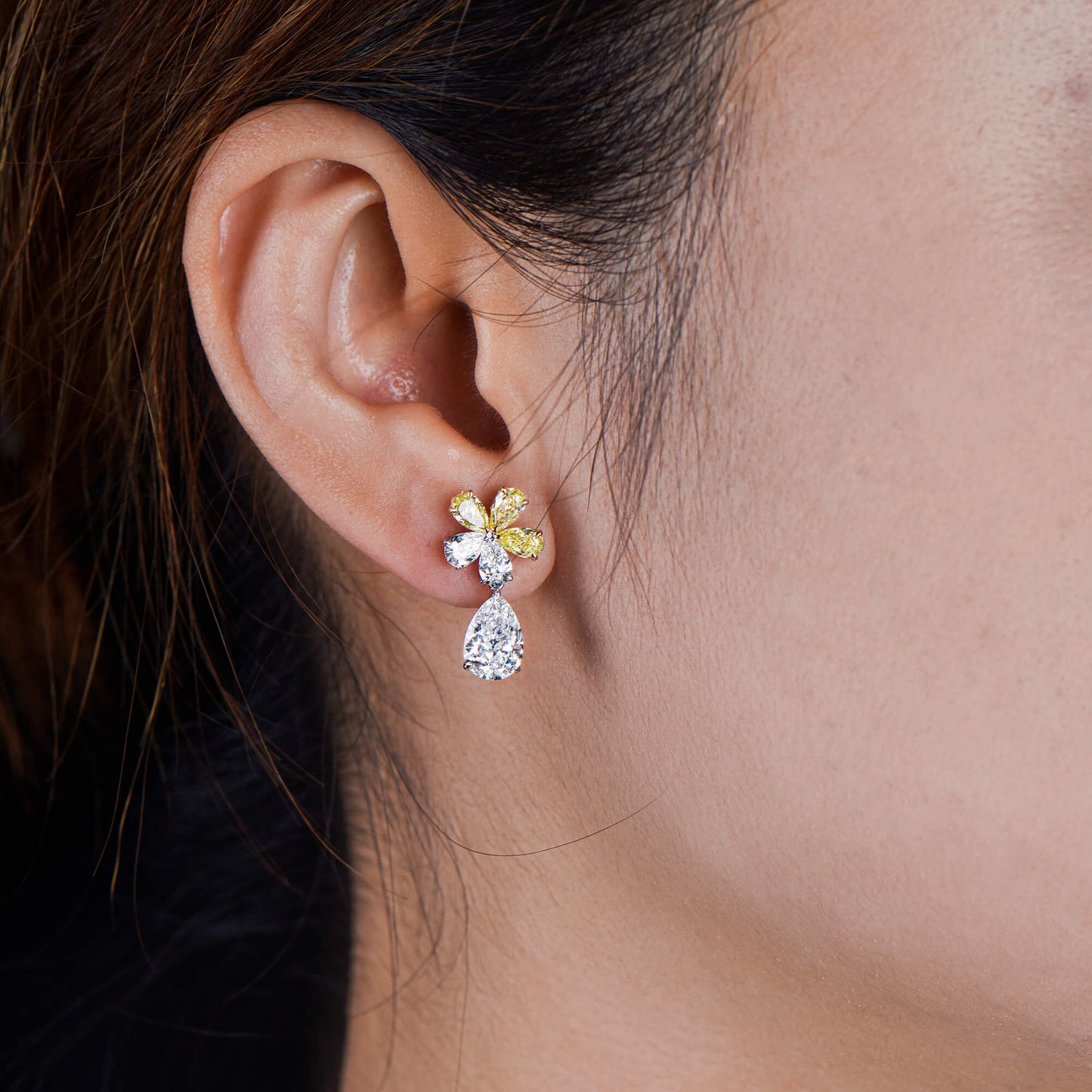 18K White & Yellow Gold Statement Earrings With 3.06 TCW Multicolor Pear Shape Natural Diamond, GIA Certified