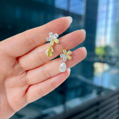 18K White & Yellow Gold Statement Earrings With 3.06 TCW Multicolor Pear Shape Natural Diamond, GIA Certified