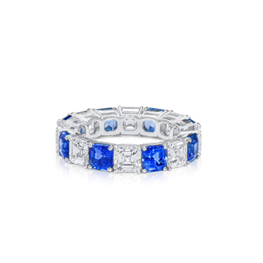 18K White Gold Statement Ring With 4.94 TCW Asscher Shape Natural Sapphire, GIA Certified