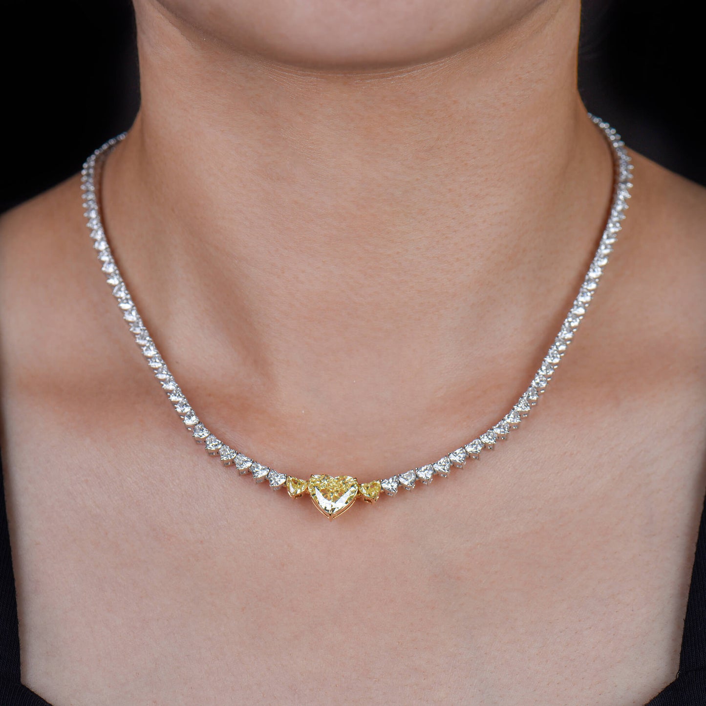 18K White & Yellow Gold Statement Necklace With 3.82 TCW Yellow Heart Shape Natural Diamond, GIA Certified