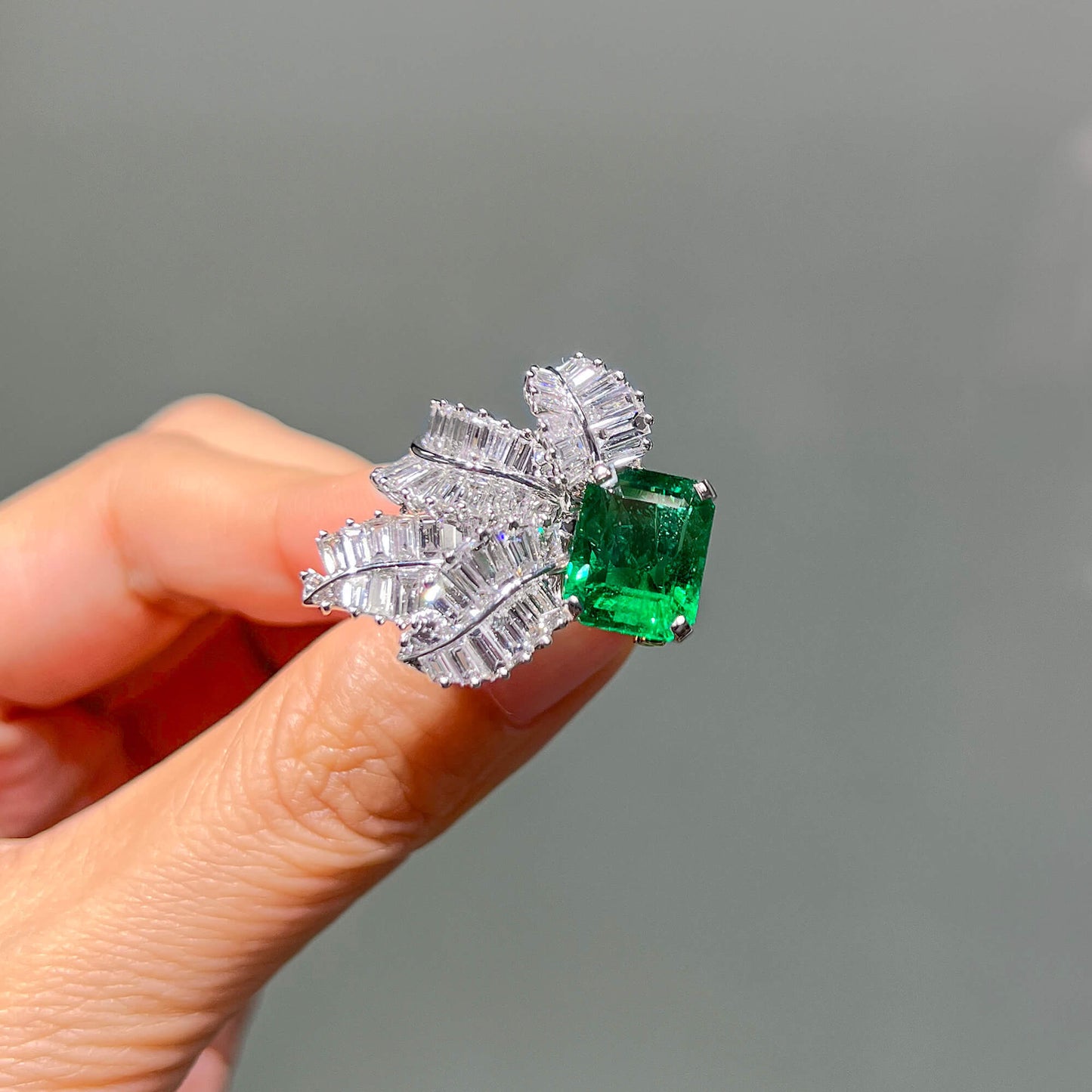18K White Gold Statement Ring With 5.94 TCW Green Radiant Shape Natural Emerald, GRS Certified
