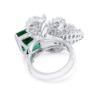18K White Gold Statement Ring With 5.94 TCW Green Radiant Shape Natural Emerald, GRS Certified