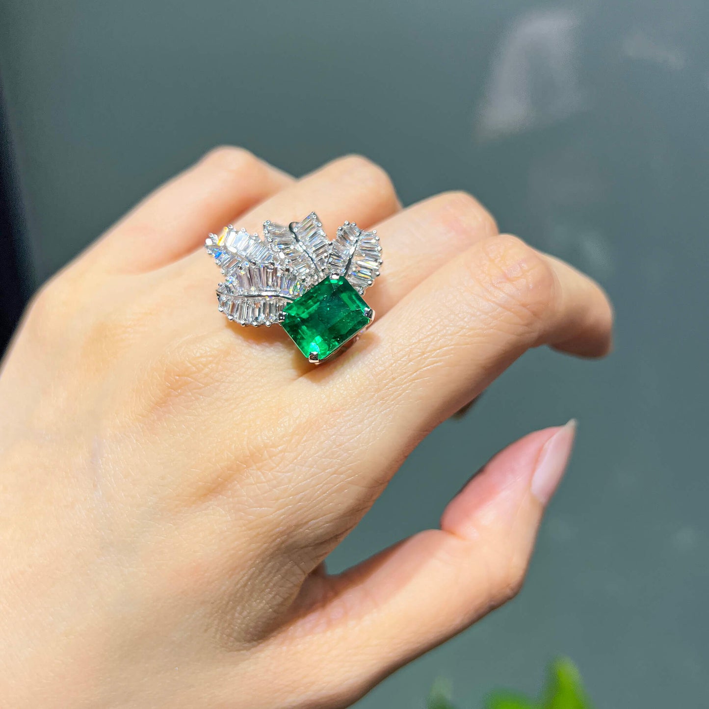 18K White Gold Statement Ring With 5.94 TCW Green Radiant Shape Natural Emerald, GRS Certified