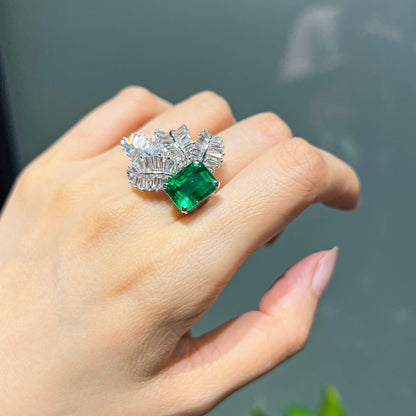 18K White Gold Statement Ring With 5.94 TCW Green Radiant Shape Natural Emerald, GRS Certified