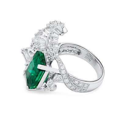 18K White Gold Statement Ring With 5.94 TCW Green Radiant Shape Natural Emerald, GRS Certified