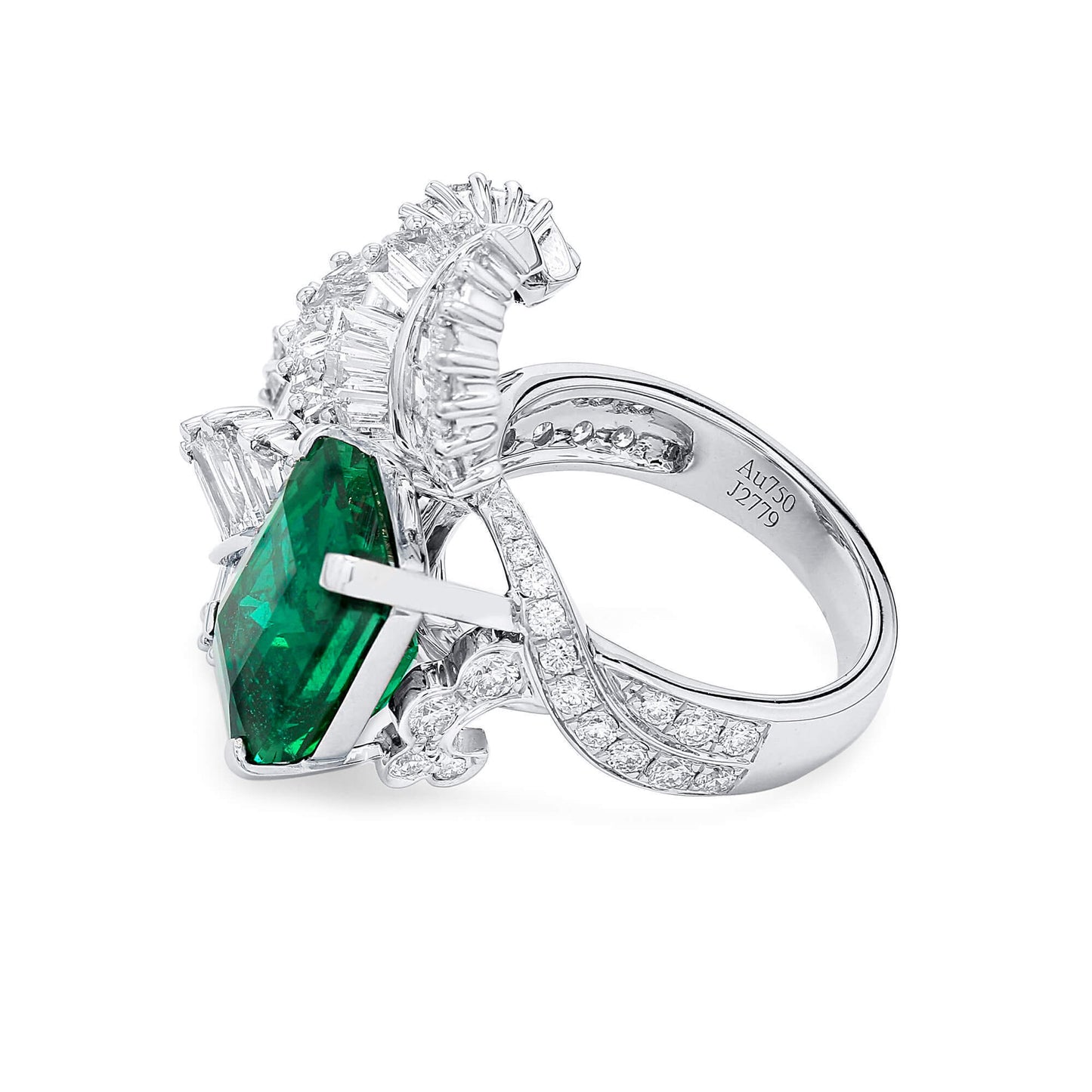 18K White Gold Statement Ring With 5.94 TCW Green Radiant Shape Natural Emerald, GRS Certified