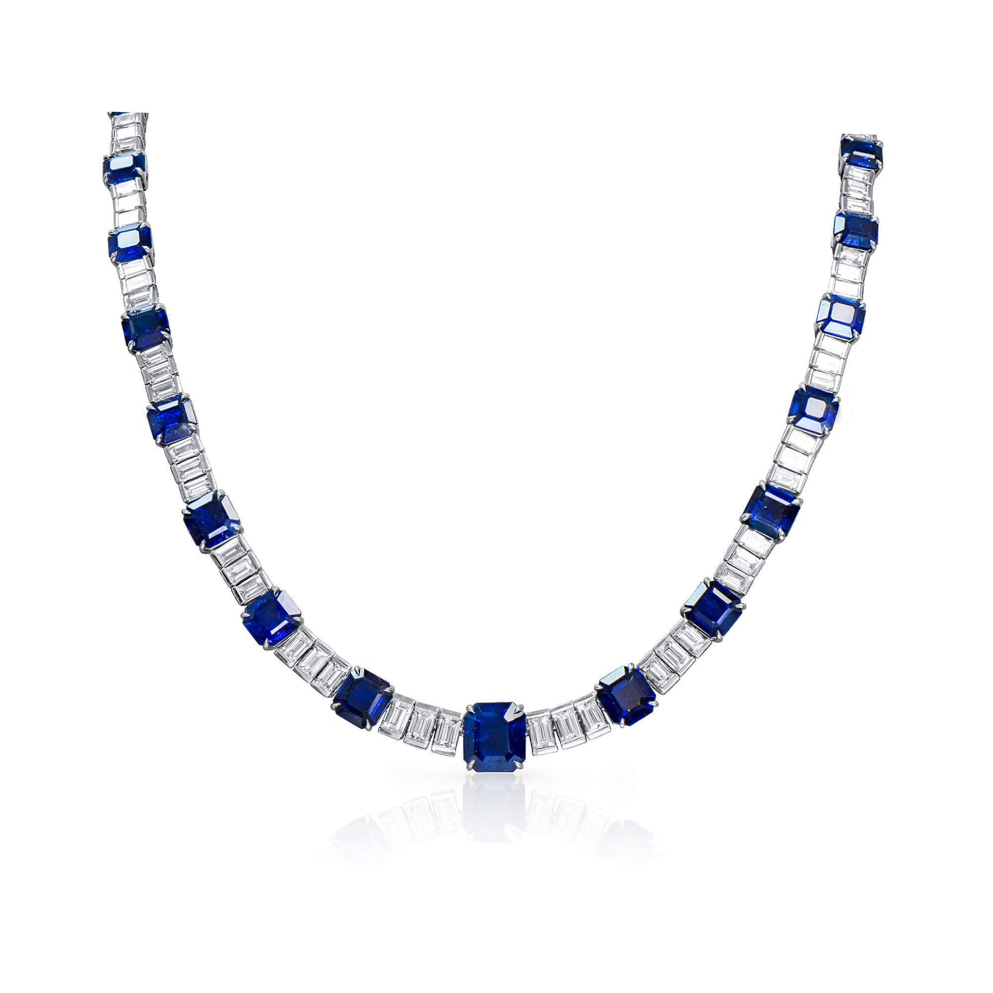 18K White Gold Statement Necklace With 22.44 TCW Other Shape Natural Sapphire, GRS Certified