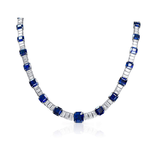 18K White Gold Statement Necklace With 22.44 TCW Other Shape Natural Sapphire, GRS Certified