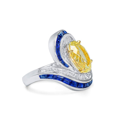 18K White Gold Statement Ring With 5.19 TCW Yellow Oval Shape Natural Diamond, GIA Certified
