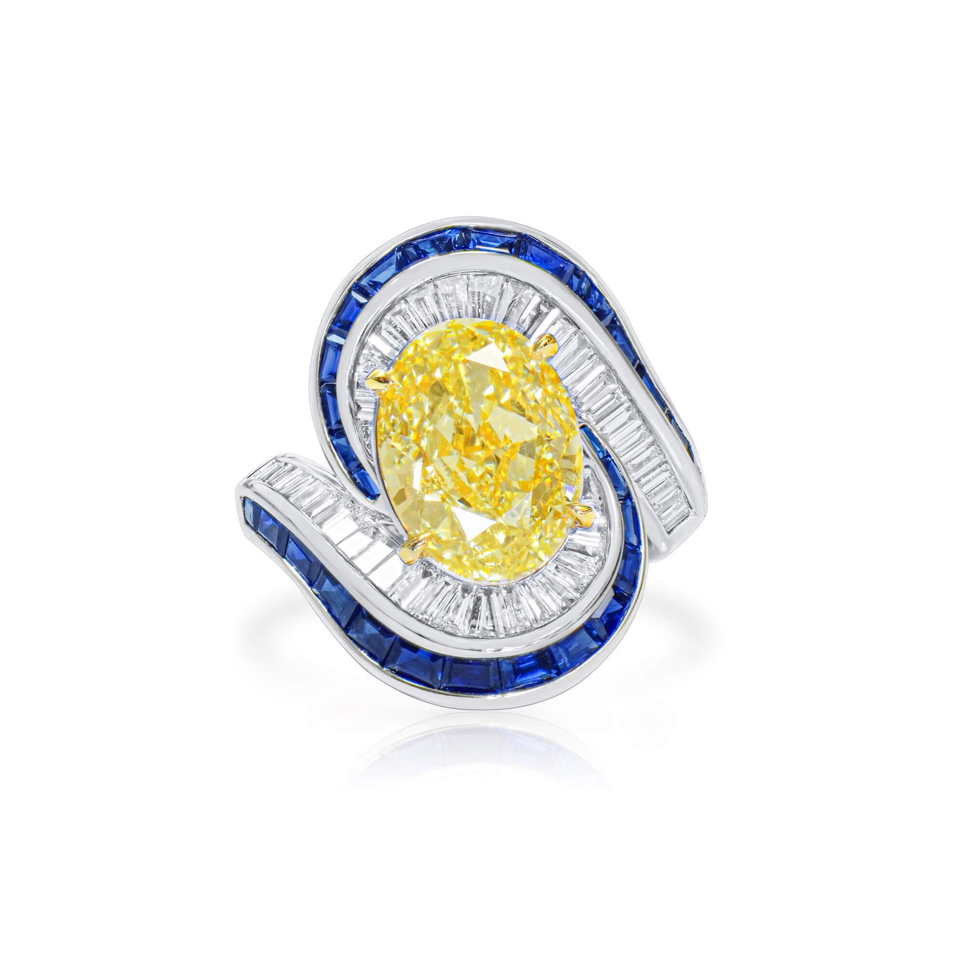 18K White Gold Statement Ring With 5.19 TCW Yellow Oval Shape Natural Diamond, GIA Certified