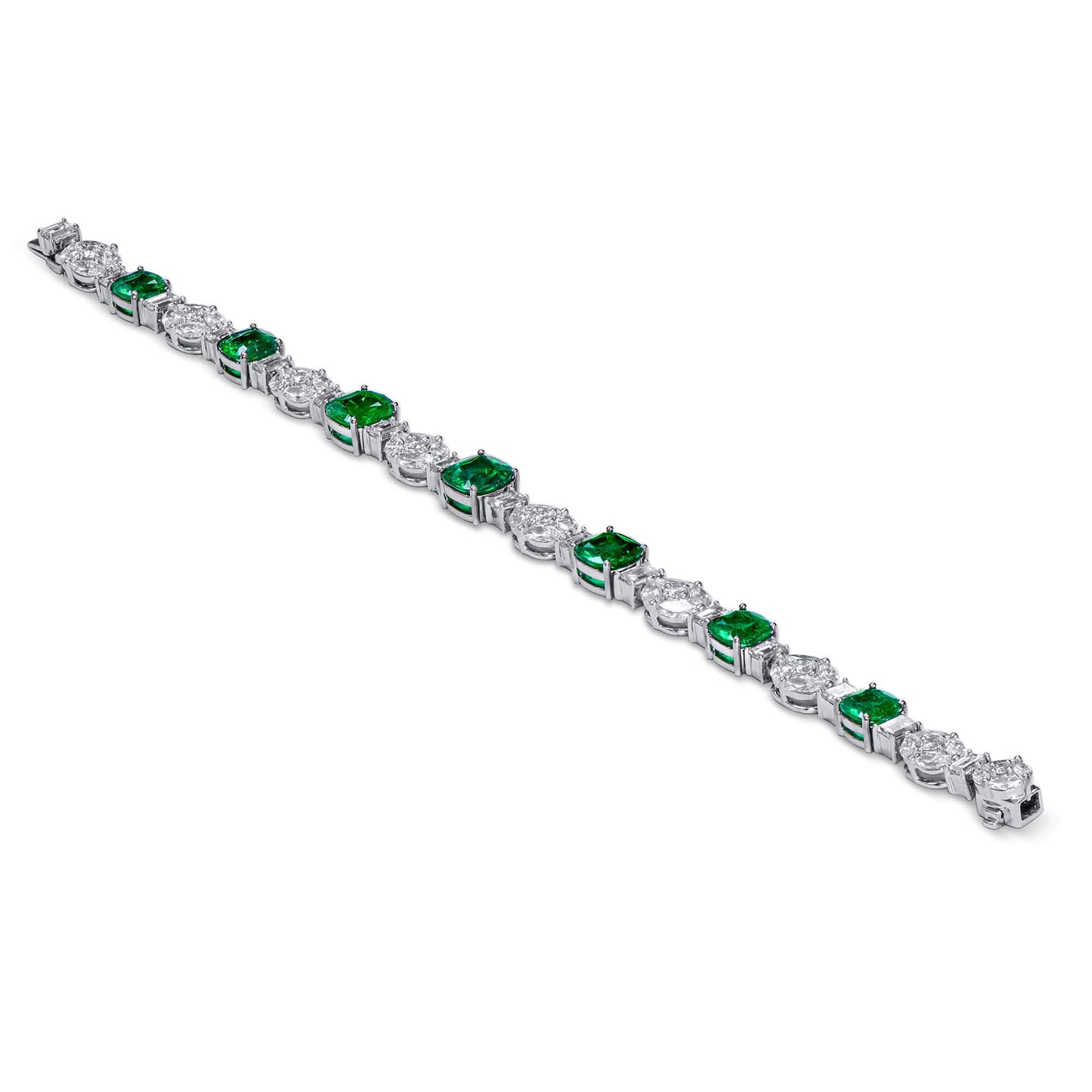 18K White Gold Statement Bracelet With 6.44 TCW Cushion Shape Natural Emerald, GRS Certified