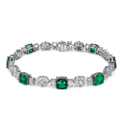 18K White Gold Statement Bracelet With 6.44 TCW Cushion Shape Natural Emerald, GRS Certified