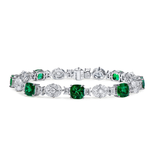 18K White Gold Statement Bracelet With 6.44 TCW Cushion Shape Natural Emerald, GRS Certified