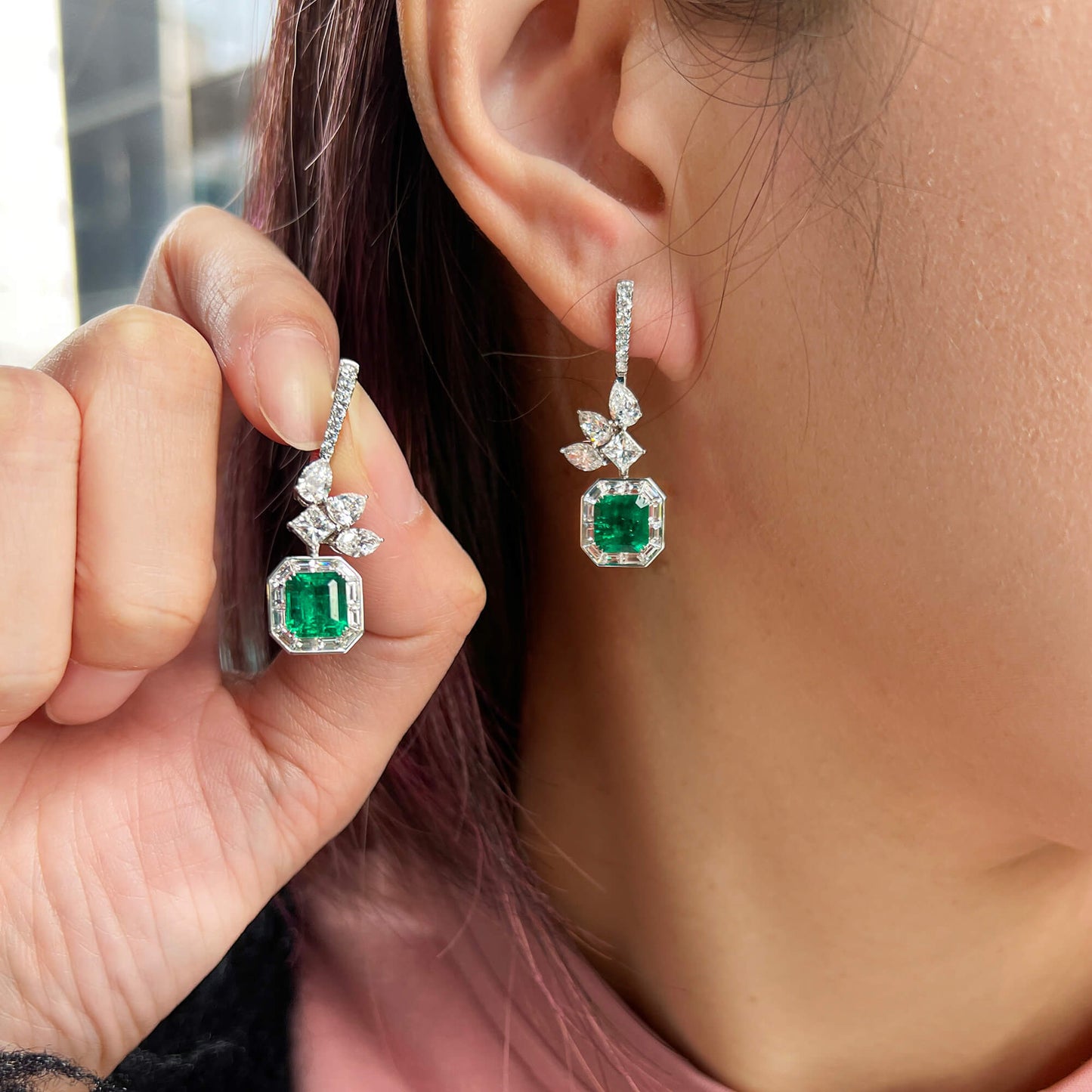 18K White Gold Statement Earrings With 3.37 TCW Cushion Shape Natural Emerald, GRS Certified