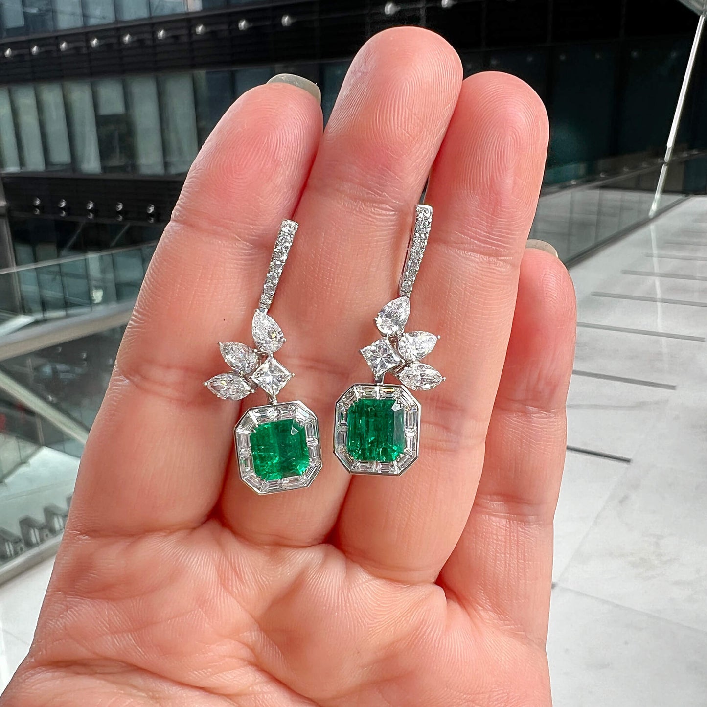 18K White Gold Statement Earrings With 3.37 TCW Cushion Shape Natural Emerald, GRS Certified