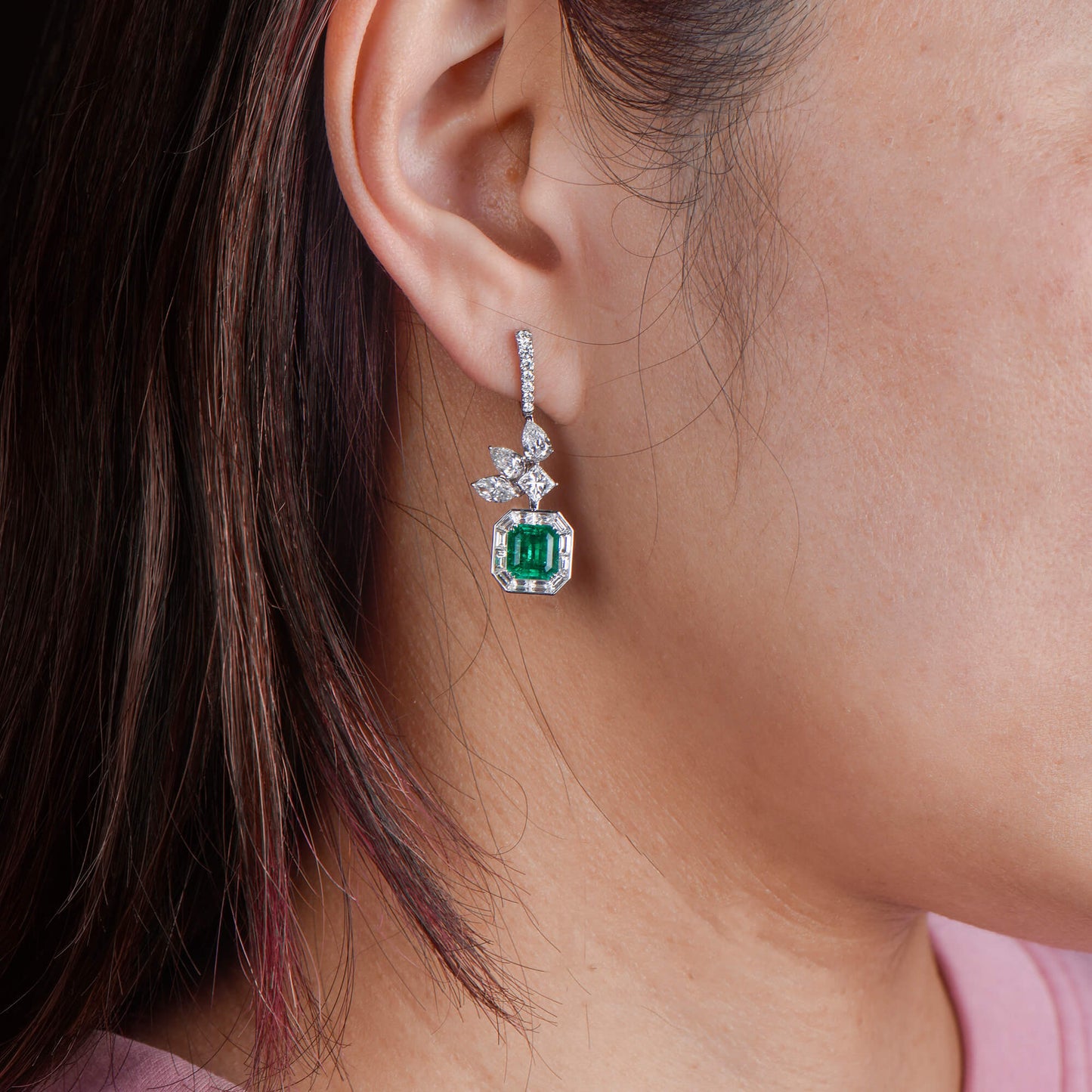 18K White Gold Statement Earrings With 3.37 TCW Cushion Shape Natural Emerald, GRS Certified