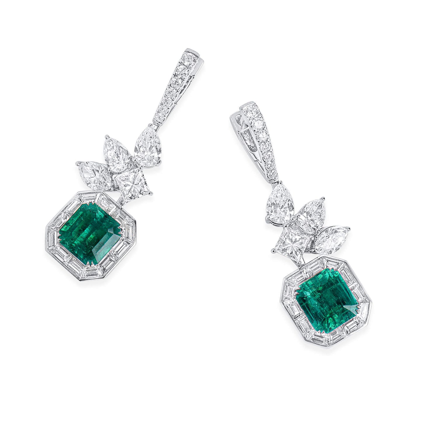 18K White Gold Statement Earrings With 3.37 TCW Cushion Shape Natural Emerald, GRS Certified