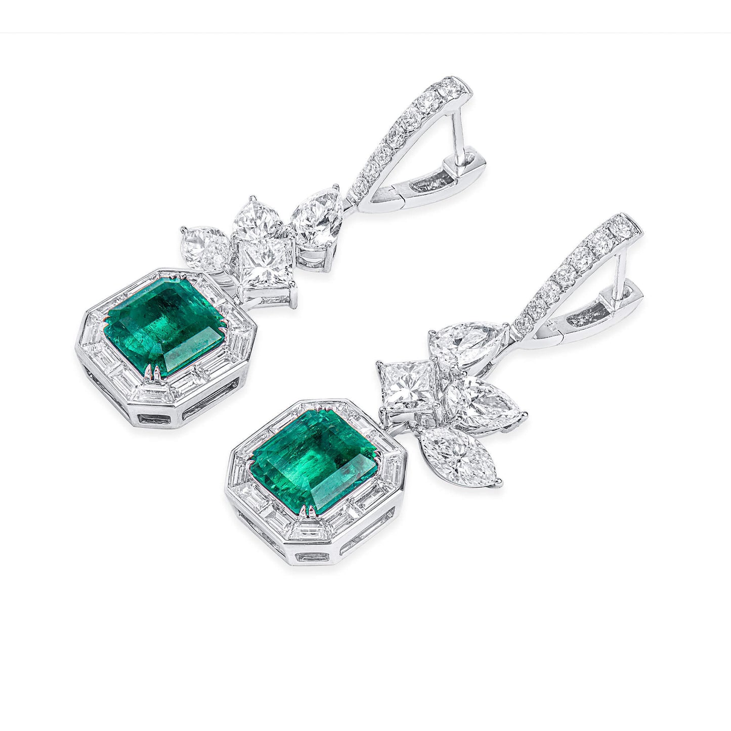 18K White Gold Statement Earrings With 3.37 TCW Cushion Shape Natural Emerald, GRS Certified