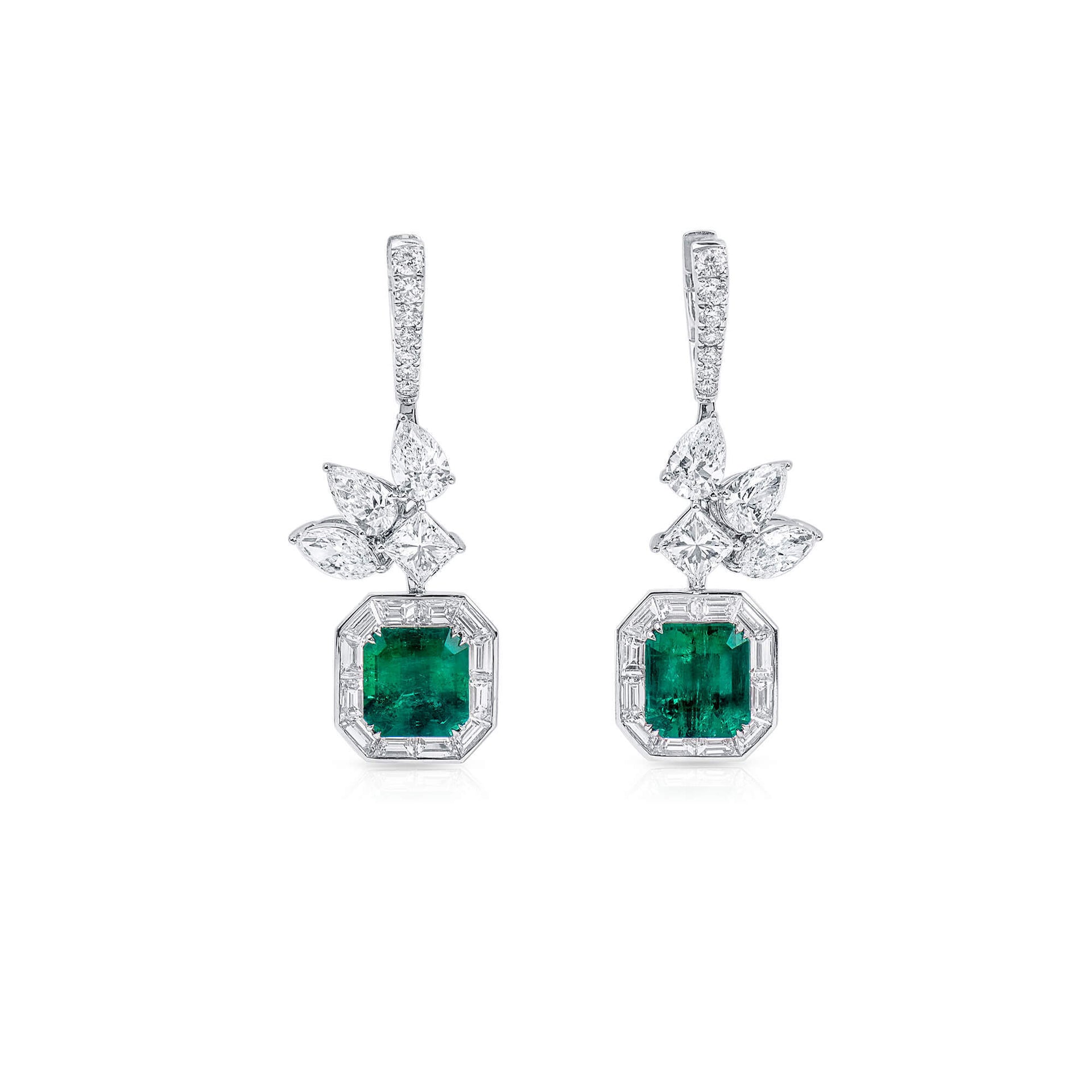 18K White Gold Statement Earrings With 3.37 TCW Cushion Shape Natural Emerald, GRS Certified