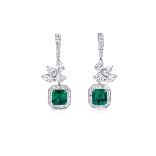 18K White Gold Statement Earrings With 3.37 TCW Cushion Shape Natural Emerald, GRS Certified