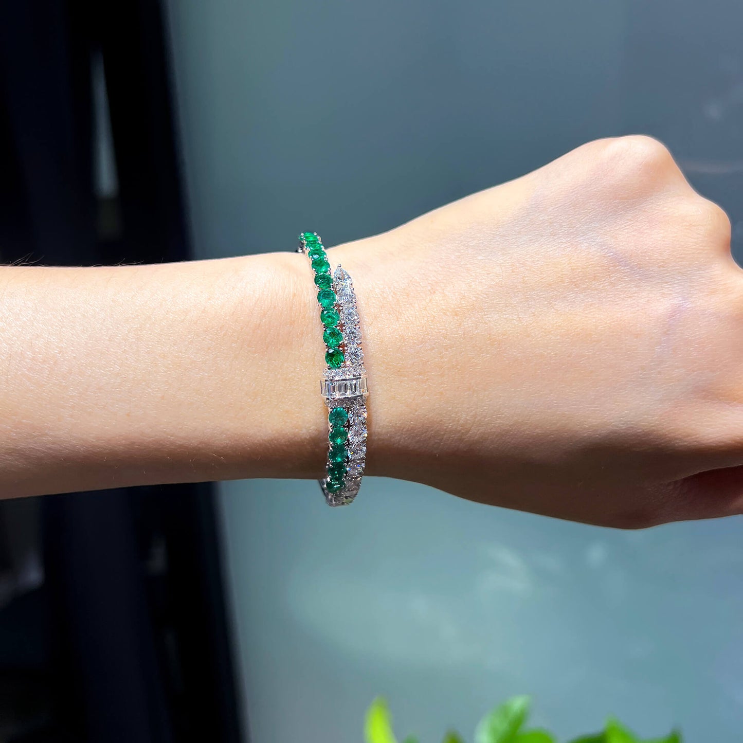 18K White Gold Statement Bracelet With 3.18 TCW Mix Shape Natural Emerald, GIA Certified
