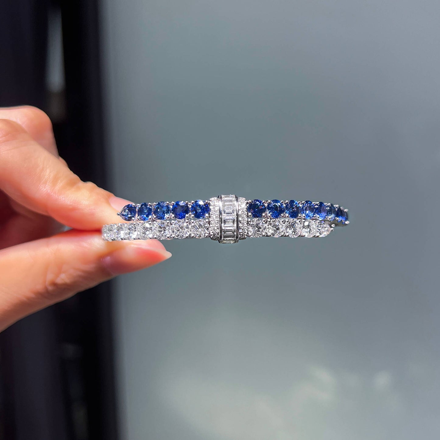 18K White Gold Statement Bracelet With 6.03 TCW Mix Shape Natural Sapphire, GIA Certified
