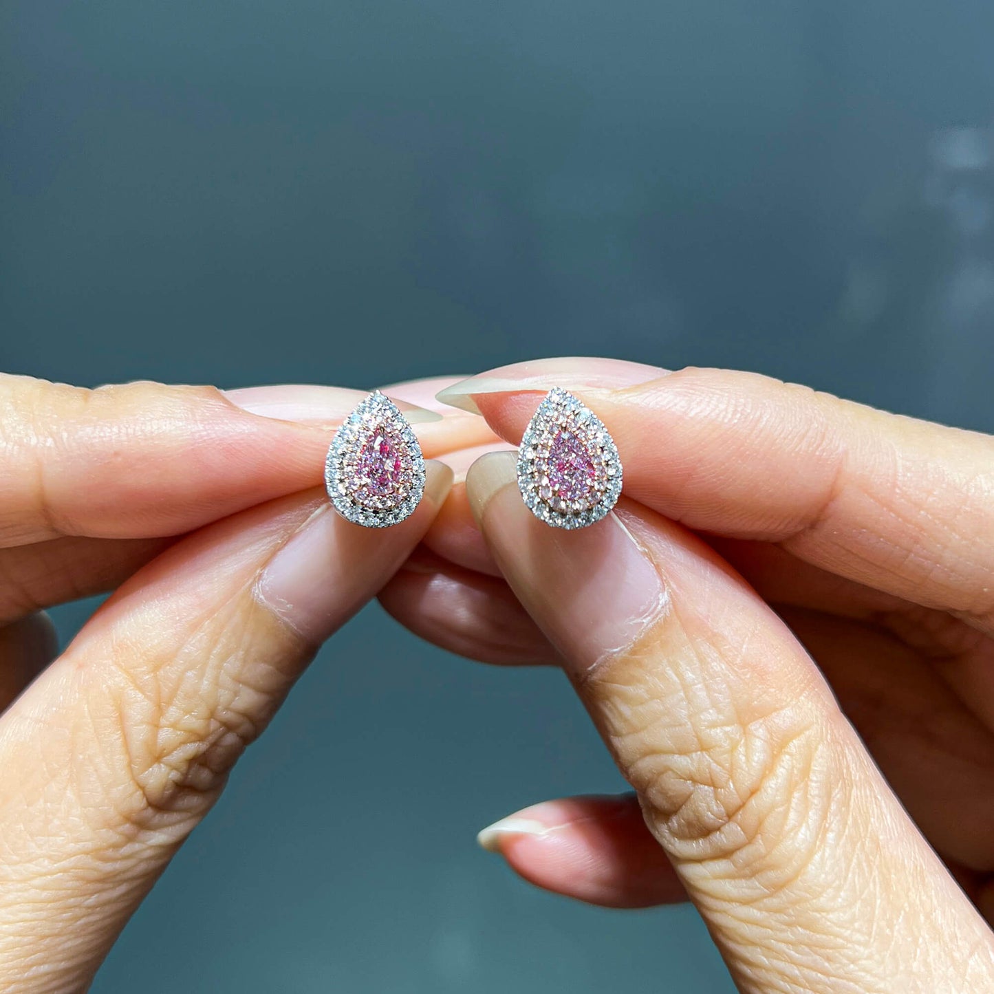 18K White & Rose Gold Statement Earrings With 0.61 TCW Pink Pear Shape Natural Diamond, GIA Certified