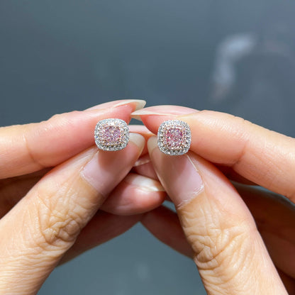 18K White & Rose Gold Statement Earrings With 0.66 TCW Pink Cushion Shape Natural Diamond, GIA Certified