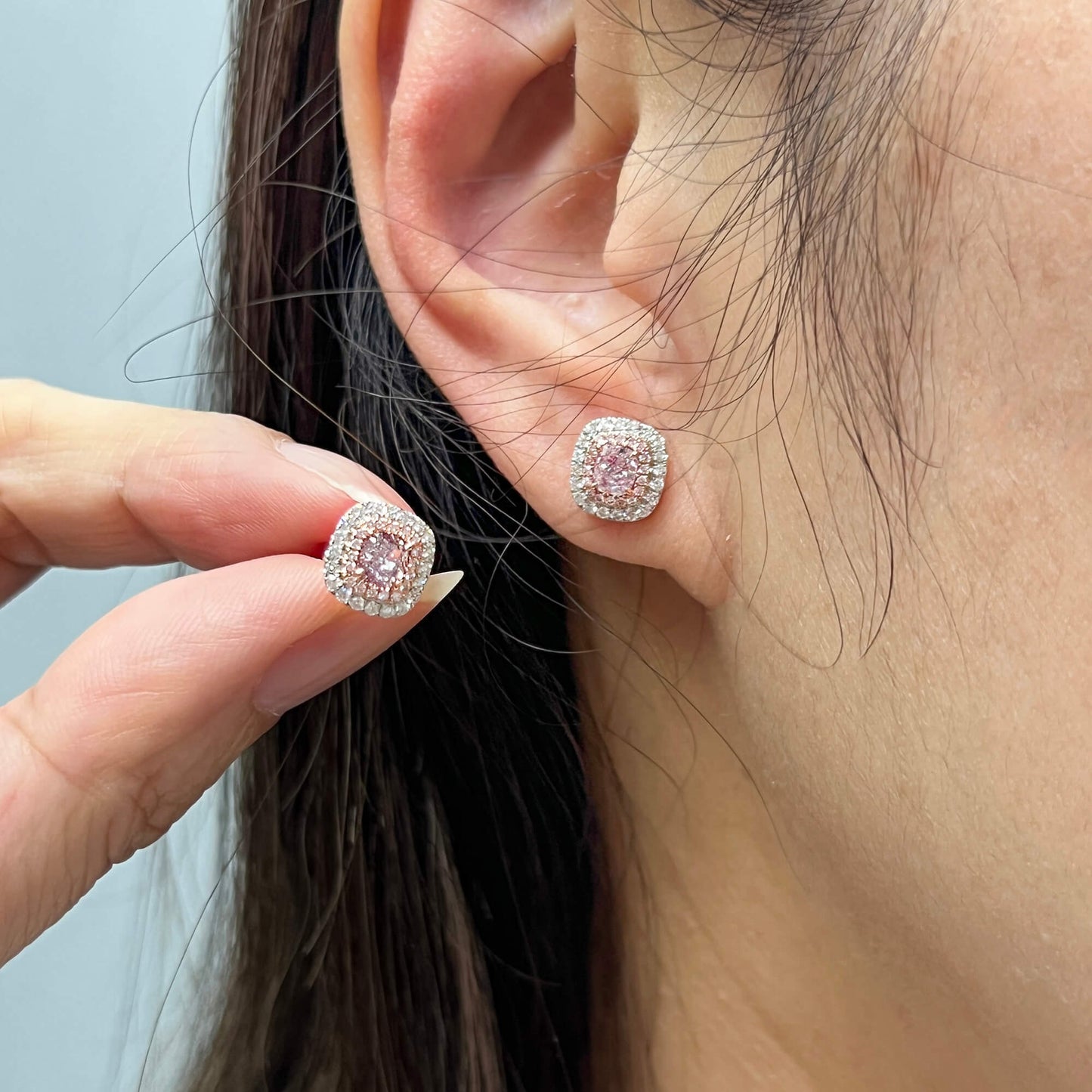 18K White & Rose Gold Statement Earrings With 0.66 TCW Pink Cushion Shape Natural Diamond, GIA Certified