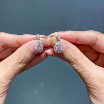 18K White Yellow & Rose Gold Statement Earrings With 0.72 TCW Pink Pear Shape Natural Diamond, GIA Certified