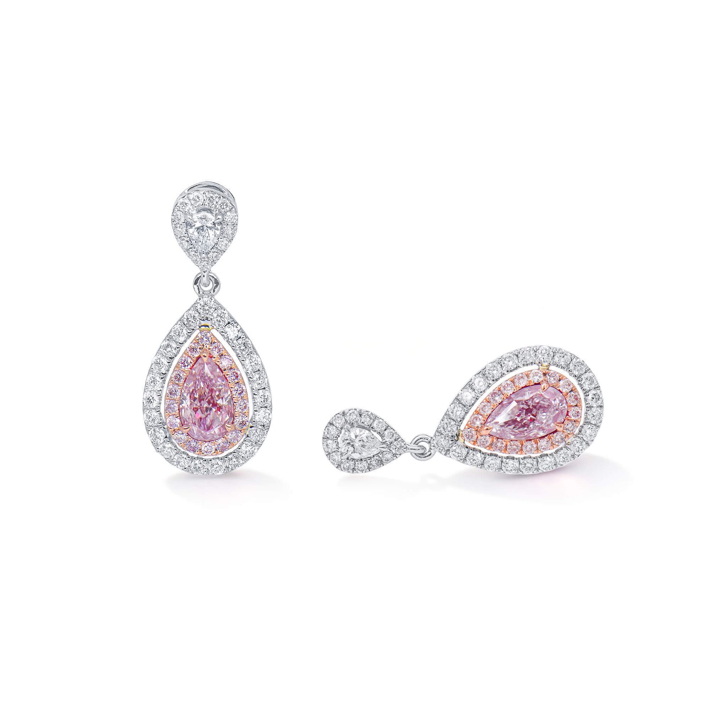 18K White Yellow & Rose Gold Statement Earrings With 0.72 TCW Pink Pear Shape Natural Diamond, GIA Certified