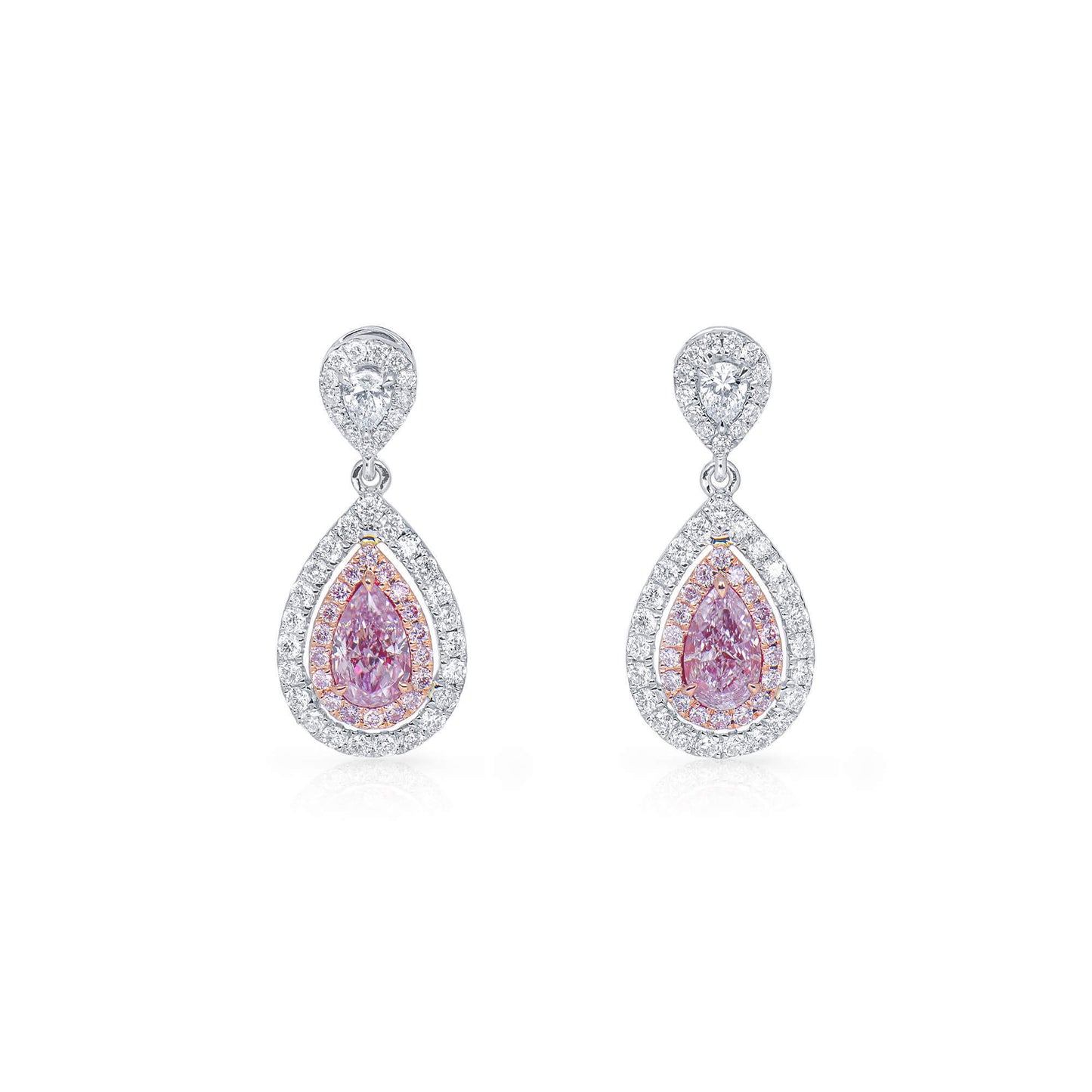 18K White Yellow & Rose Gold Statement Earrings With 0.72 TCW Pink Pear Shape Natural Diamond, GIA Certified